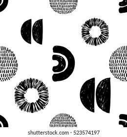 Monochrome minimalistic tribal seamless pattern with ethnic sun, crescent, arcs, ball. Inspired by signs of primitive aboriginal culture. Vector background with black art on white backdrop for nursery