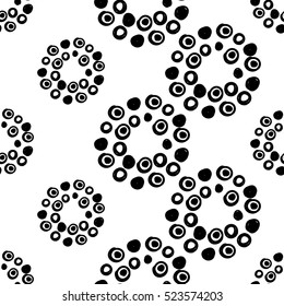 Monochrome minimalistic tribal seamless pattern with dot circle. Inspired by signs of primitive aboriginal culture. Vector background with isolated inky black art on white backdrop for nursery.
