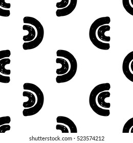 Monochrome minimalistic tribal seamless pattern with wide arcs. Inspired by signs of primitive aboriginal culture. Vector background with isolated inky black art on white backdrop for nursery.