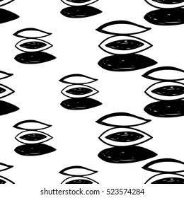 Monochrome minimalistic tribal seamless pattern with seed. Inspired by signs of primitive aboriginal culture. Vector background with isolated inky black art on white backdrop for nursery.