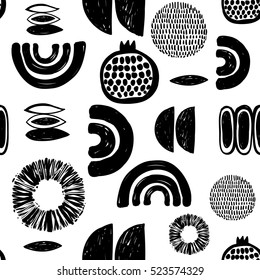 Monochrome minimalistic tribal seamless pattern with pomegranate, ethnic sun, crescent, seed, maize corn, arcs, curves, ball. Inspired by signs of aboriginal culture. Vector background for nursery.