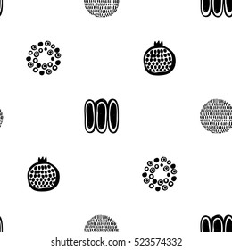 Monochrome minimalistic tribal seamless pattern with pomegranate, dot circle, maize corn, sun ball. Inspired by signs of primitive aboriginal culture. Vector background for nursery.