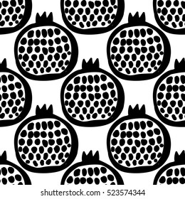 Monochrome minimalistic tribal seamless pattern with pomegranate. Inspired by signs of primitive aboriginal culture. Vector background with isolated inky black art on white backdrop for nursery.