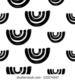 Monochrome minimalistic tribal seamless pattern with thin curves. Inspired by signs of primitive aboriginal culture. Vector background with isolated inky black art on white backdrop for nursery.