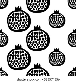 Monochrome minimalistic tribal seamless pattern with pomegranate. Inspired by signs of primitive aboriginal culture. Vector background with isolated inky black art on white backdrop for nursery.