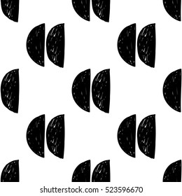 Monochrome minimalistic tribal seamless pattern with crescent. Inspired by signs of primitive aboriginal culture. Vector background with isolated inky black art on white backdrop for nursery.