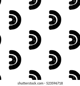 Monochrome minimalistic tribal seamless pattern with wide arcs. Inspired by signs of primitive aboriginal culture. Vector background with isolated inky black art on white backdrop for nursery.