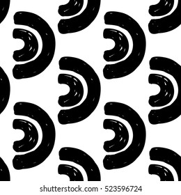 Monochrome minimalistic tribal seamless pattern with wide arcs. Inspired by signs of primitive aboriginal culture. Vector background with isolated inky black art on white backdrop for nursery.