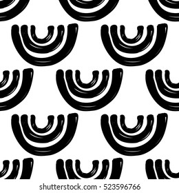 Monochrome minimalistic tribal seamless pattern with thin curves. Inspired by signs of primitive aboriginal culture. Vector background with isolated inky black art on white backdrop for nursery.