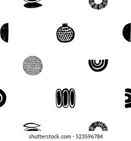 Monochrome minimalistic tribal seamless pattern with pomegranate, ethnic sun, crescent, seed, maize corn, arcs, curves, ball. Inspired by signs of primitive aboriginal culture. Vector background.