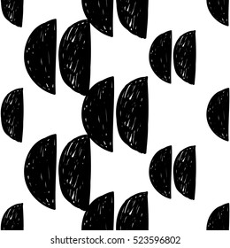Monochrome minimalistic tribal seamless pattern with crescent. Inspired by signs of primitive aboriginal culture. Vector background with isolated inky black art on white backdrop for nursery.