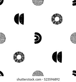 Monochrome minimalistic tribal seamless pattern with ethnic sun, crescent, arcs, ball. Inspired by signs of primitive aboriginal culture. Vector background for nursery.