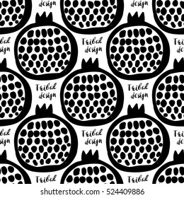 Monochrome minimalistic tribal seamless pattern with pomegranates. Inspired by signs of primitive aboriginal culture. Vector background with isolated inky black art on white backdrop for nursery.