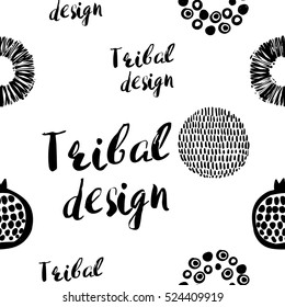Monochrome minimalistic tribal seamless pattern with pomegranate, ethnic sun, dot circle, ball. Inspired by signs of primitive aboriginal culture. Vector background for nursery.
