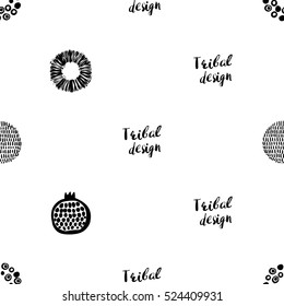 Monochrome minimalistic tribal seamless pattern with pomegranate, ethnic sun, dot circle, ball. Inspired by signs of primitive aboriginal culture. Vector background for nursery.