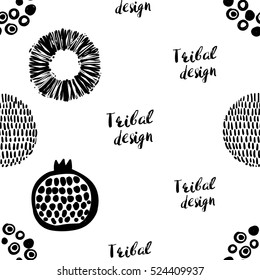 Monochrome minimalistic tribal seamless pattern with pomegranate, ethnic sun, dot circle, ball. Inspired by signs of primitive aboriginal culture. Vector background for nursery.
