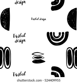 Monochrome minimalistic tribal seamless pattern with crescent, seed, maize corn, arcs, curves. Inspired by signs of primitive aboriginal culture. Vector background for nursery.