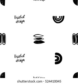 Monochrome minimalistic tribal seamless pattern with crescent, seed, maize corn, arcs, curves. Inspired by signs of primitive aboriginal culture. Vector background for nursery.