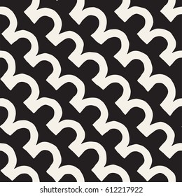 Monochrome minimalistic tribal seamless pattern with arc lines. Vector background with inky black art on white rounded stripe.