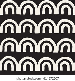 Monochrome minimalistic tribal seamless pattern with arc lines. Vector background with inky black art on white rounded stripe.