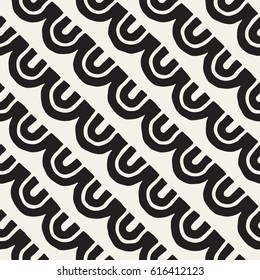Monochrome minimalistic tribal seamless pattern with arc lines. Vector background with inky black art on white rounded stripe.