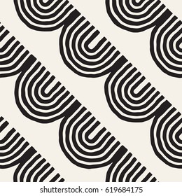 Monochrome minimalistic tribal seamless pattern with arc lines. Vector background with inky black art on white rounded stripe.