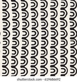Monochrome minimalistic tribal seamless pattern with arc lines. Vector background with inky black art on white rounded stripe.