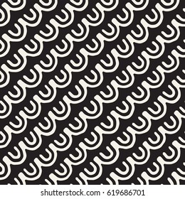 Monochrome minimalistic tribal seamless pattern with arc lines. Vector background with inky black art on white rounded stripe.