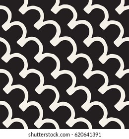 Monochrome minimalistic tribal seamless pattern with arc lines. Vector background with inky black art on white rounded stripe.