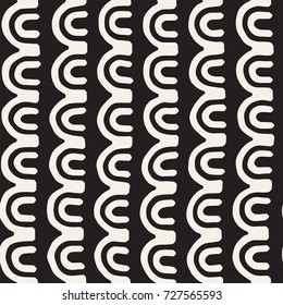 Monochrome minimalistic tribal seamless pattern with arc lines. Vector background with inky black art on white rounded stripe. Stylish abstract design