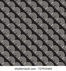 Monochrome minimalistic tribal seamless pattern with arc lines. Vector background with inky black art on white rounded stripe.