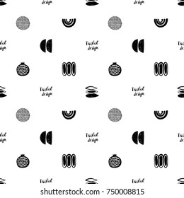 Monochrome minimalistic tribal seamless pattern with tribal design lettering, pomegranate, crescent, seed, maize corn, thin curves, sun ball. Inspired by signs of primitive aboriginal culture.