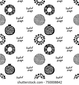 Monochrome minimalistic tribal seamless pattern with tribal design lettering, pomegranate, ethnic sun, dot circle, sun ball. Inspired by signs of primitive aboriginal culture.