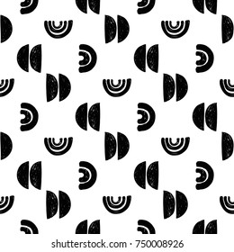 Monochrome minimalistic tribal seamless pattern with crescent, wide arcs, thin curves. Inspired by signs of primitive aboriginal culture.