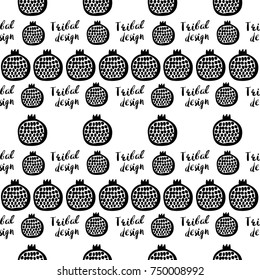 Monochrome minimalistic tribal seamless pattern with tribal design lettering and pomegranate. Inspired by signs of primitive aboriginal culture.