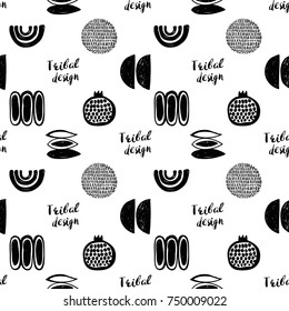 Monochrome minimalistic tribal seamless pattern with tribal design lettering, pomegranate, crescent, seed, maize corn, thin curves, sun ball. Inspired by signs of primitive aboriginal culture.