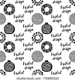 Monochrome minimalistic tribal seamless pattern with tribal design lettering, pomegranate, ethnic sun, dot circle, sun ball. Inspired by signs of primitive aboriginal culture.