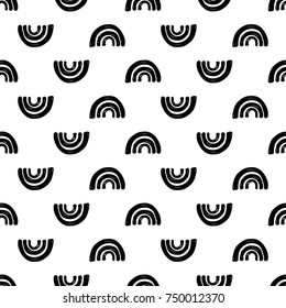 Monochrome minimalistic tribal seamless pattern with thin curves. Inspired by signs of primitive aboriginal culture. Vector background with isolated inky black art on white backdrop for nursery.