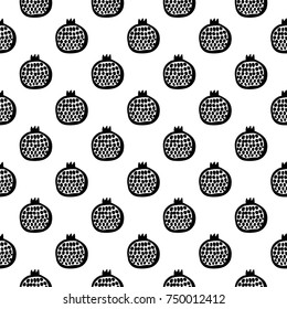 Monochrome minimalistic tribal seamless pattern with pomegranate. Inspired by signs of primitive aboriginal culture. Vector background with isolated inky black art on white backdrop for nursery.