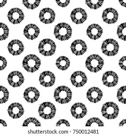 Monochrome minimalistic tribal seamless pattern with ethnic sun. Inspired by signs of primitive aboriginal culture. Vector background with isolated inky black art on white backdrop for nursery.