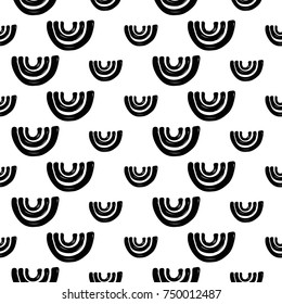 Monochrome minimalistic tribal seamless pattern with thin curves. Inspired by signs of primitive aboriginal culture. Vector background with isolated inky black art on white backdrop for nursery.