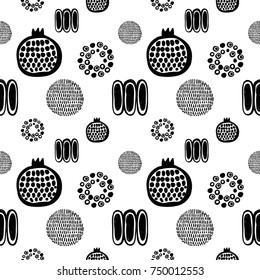Monochrome minimalistic tribal seamless pattern with pomegranate, dot circle, maize corn, sun ball. Inspired by signs of primitive aboriginal culture.