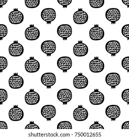 Monochrome minimalistic tribal seamless pattern with pomegranate. Inspired by signs of primitive aboriginal culture. Vector background with isolated inky black art on white backdrop for nursery.