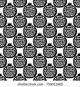 Monochrome minimalistic tribal seamless pattern with pomegranate. Inspired by signs of primitive aboriginal culture. Vector background with isolated inky black art on white backdrop for nursery.