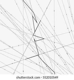 Monochrome minimalistic vector illustration. Modern schematic background with crossing lines and random dots. Element of design.