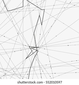 Monochrome minimalistic vector illustration. Modern schematic background with crossing lines and random dots. Element of design.