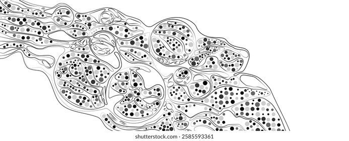 Monochrome modern  abstract frame. Vector illustration featuring chaotic waves, particles, circles arranged in neuro-graphic style. Perfect for business, technology, medical presentations, posters.