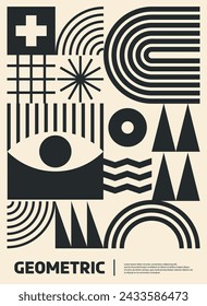 Monochrome modern abstract poster with geometric pattern background. Vector graphic shapes composition with black and white triangles, squares and circles, cross, arch, zigzag and eye figures