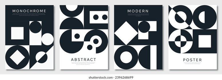 Monochrome modern posters set. Abstract creativity and art. Swiss banner in black and white style. Typography and calligraphy. Cartoon flat vector collection isolated on white background