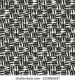 Monochrome Modern Strokes Textured Checked Graphic Motif. Seamless Pattern.